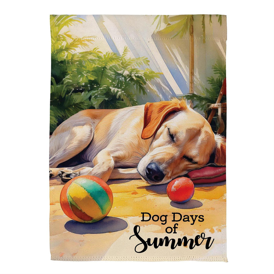 Dog Days Of Summer garden flag features a yellow lab sleeping with the words "dog days of summer"