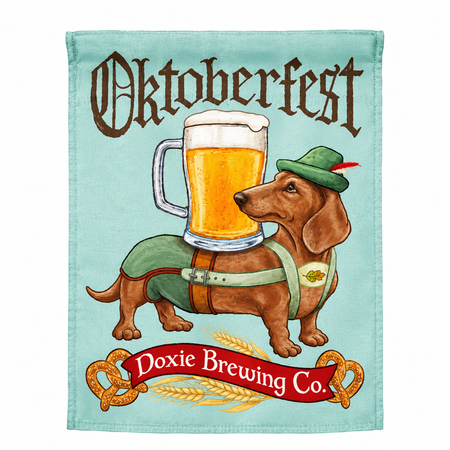 Doxie Brewing Oktoberfest Dog Garden Flag Features a doxie wearing festive attire and the words "doxie brewing co.