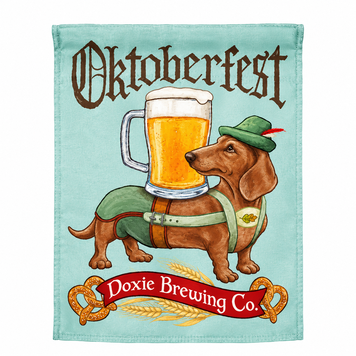 Doxie Brewing Oktoberfest Dog Garden Flag Features a doxie wearing festive attire and the words "doxie brewing co.