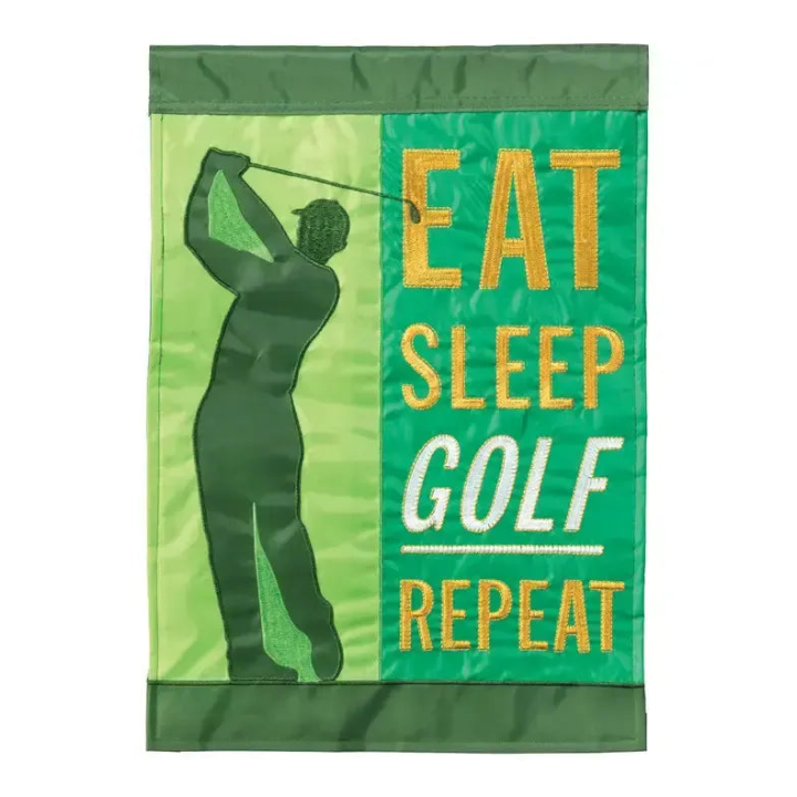 Eat, Sleep, Golf Repeat Applique Garden Flag Features a Golfer and the Words Eat, Sleep, Golf