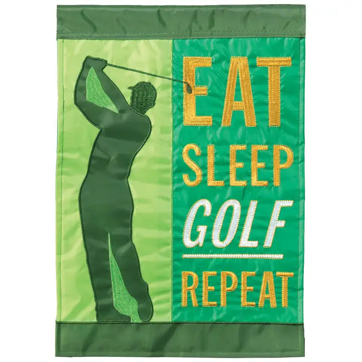 Eat, Sleep, Golf Repeat Applique Garden Flag Features a Golfer and the Words Eat, Sleep, Golf