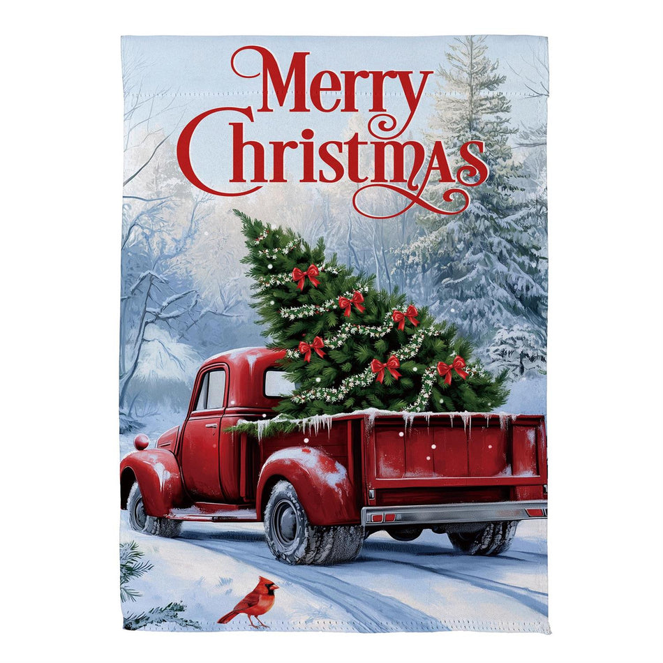 Evergreen Christmas Delivery Garden Flag Features a red truck with a Christmas tree in the pickup bed and the words "Merry Christmas"
