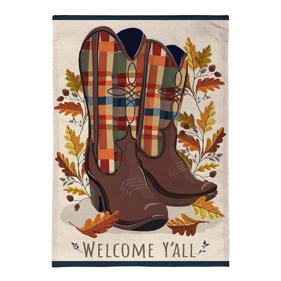 Fall Cowboy Boots Burlap Garden Flag Features Plaid Cowboy Boots and the Words Welcome Yall