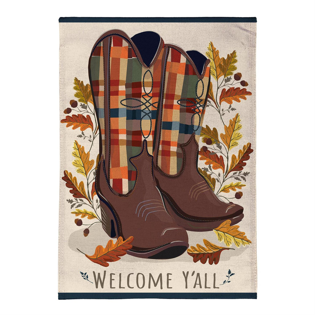 Fall Cowboy Boots Burlap Garden Flag Features Plaid Cowboy Boots and the Words Welcome Yall