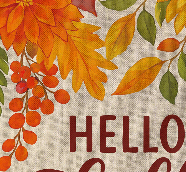 Fall Floral Bloom Garden Flag Features a Close Up of the Burlap and the Word Hello