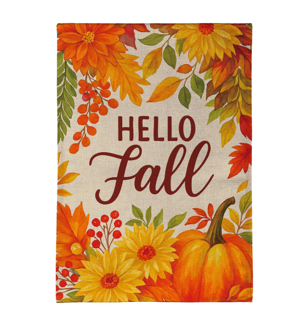 Fall Floral Bloom Garden Flag Features a Fall Floral and Pumpkin  Boarder With the Words Hello Fall in the Center