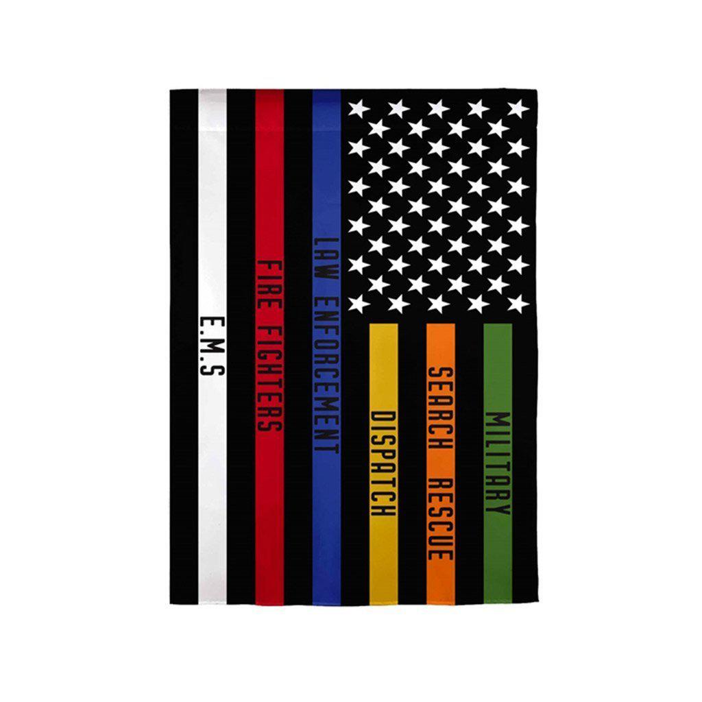 Our Responders Thin Line garden flag shows support for military, search rescue, dispatch, law enforcement, firefighters, and EMS.