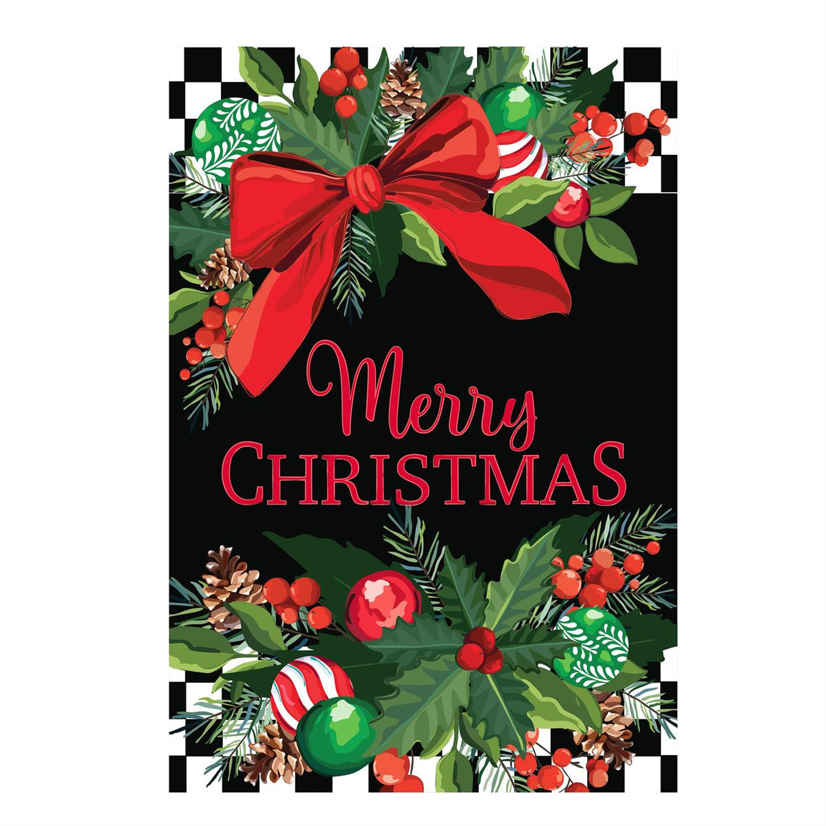 Floral Checkered Merry Christmas House Banner