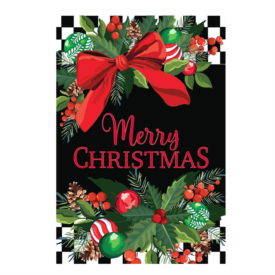 Floral Checkered Merry Christmas House Banner