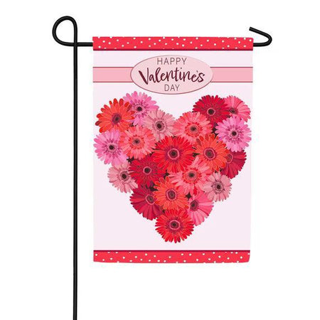 Floral Valentines Heart Applique Garden Flag is shown on a garden flag stand 