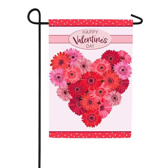 Floral Valentines Heart Applique Garden Flag is shown on a garden flag stand 