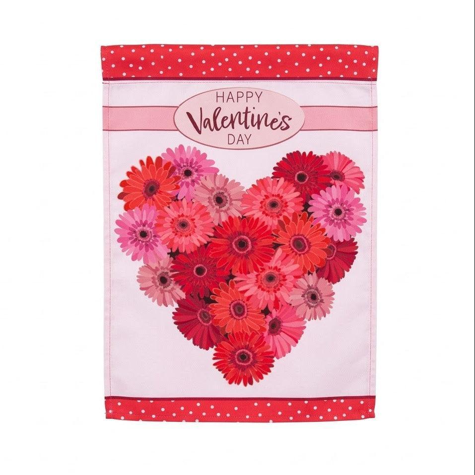 Floral Valentines Heart Applique Garden Flag Features a floral heart with the words "happy valentines day"