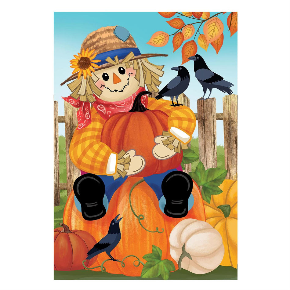 Friends & Scarecrow Suede Garden Flag Features a Friendly Scarecrow with Crow Friends and a Fall Background