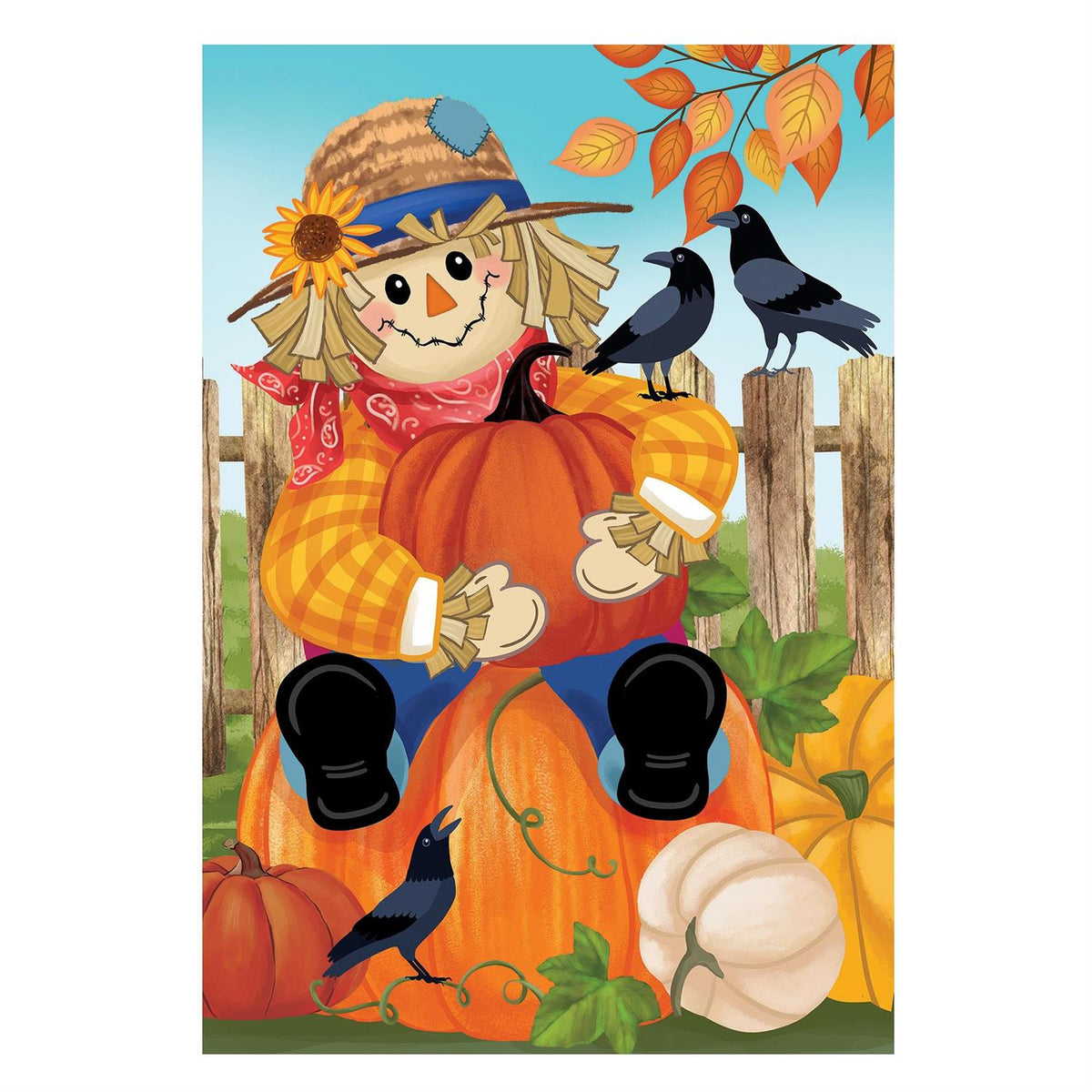 Friends & Scarecrow Suede Garden Flag Features a Friendly Scarecrow with Crow Friends and a Fall Background