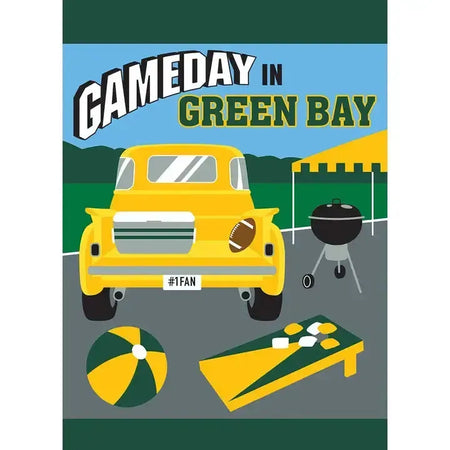 Game Day In Green Bay Garden Flag Features Appliqued Details including a Grill, Cornhole, a Truck and The Words "Game Day In Green Bay"