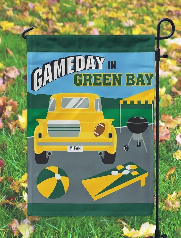 Game Day In Green Bay Garden Flag Shown on a Garden Flag Stand