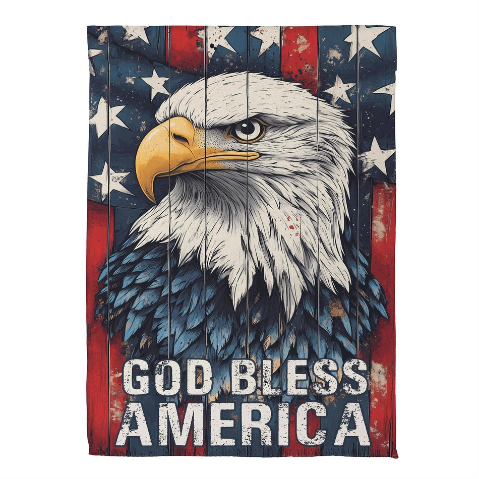 God Bless America Eagle Garden Flag Features a bald eagle with a rustic flag background and the words "god bless America"