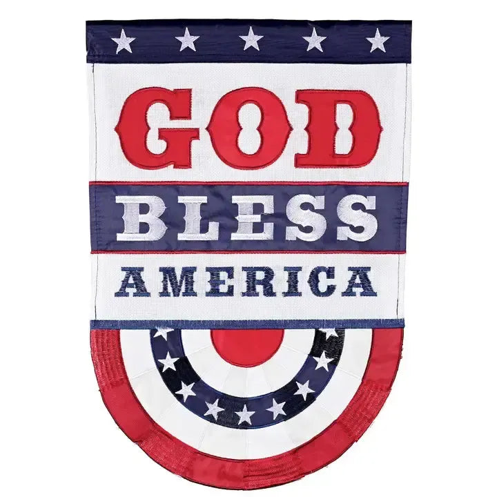 God Bless America House Banner Features red, white & blue patriotic details with the words god bless America 