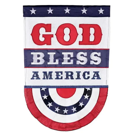 God Bless America House Banner Features red, white & blue patriotic details with the words god bless America 