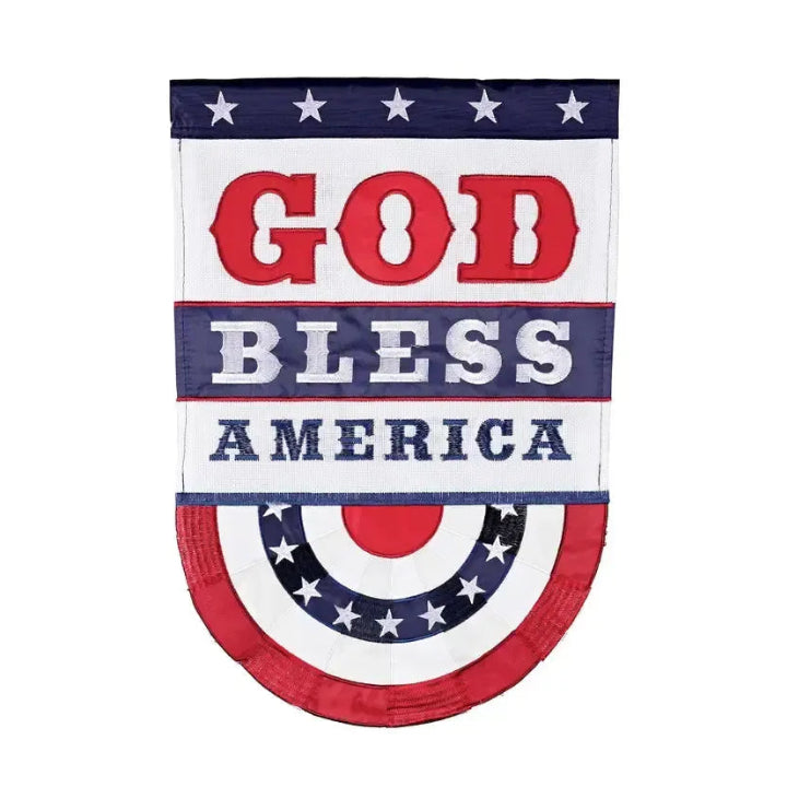 God Bless America House Banner Features red, white & blue patriotic details with the words god bless America 