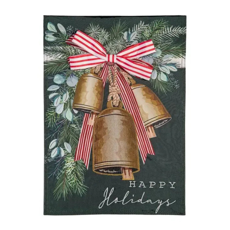 Golden Bells Garden Flag Features 3 gold bells with the words "happy holidays"