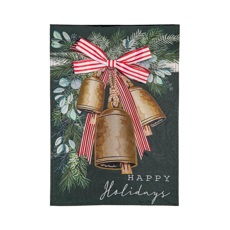 Golden Bells Garden Flag Features 3 gold bells with the words "happy holidays"