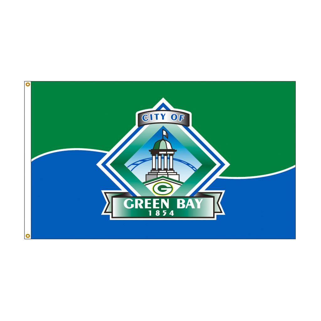 Image features a green and blue background with the Green Bay city logo in the center.