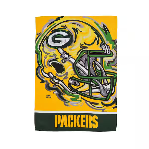 This flag features a green bay packers helmet with a more artistic take on the helmet with the word packers