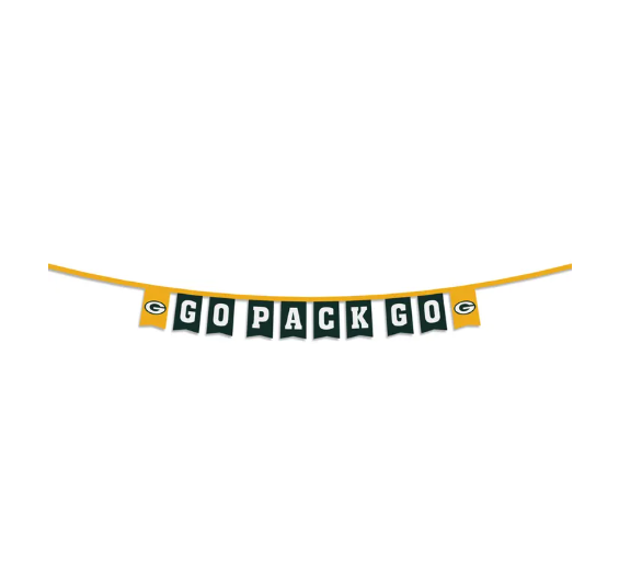 Green Bay Packers Slogan Party Banner Features "Go Pack Go" With The G Logo on Yellow Background on Both Ends