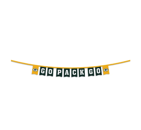 Green Bay Packers Slogan Party Banner Features "Go Pack Go" With The G Logo on Yellow Background on Both Ends