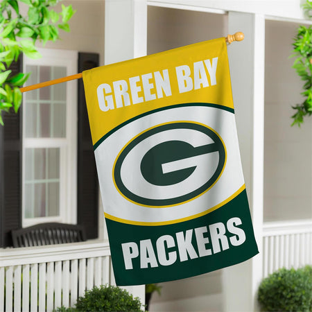 Displayed Green Bay Packers suede house flag with "G" centered and surrounded with green and gold.