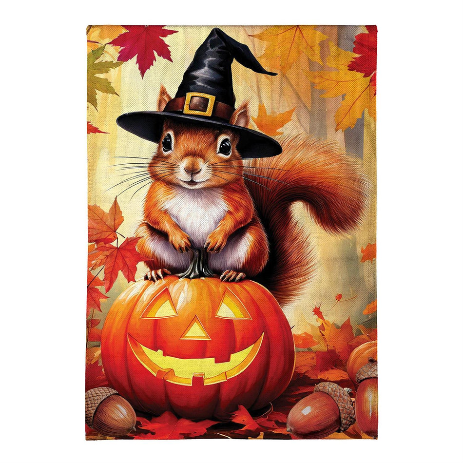 Halloween Squirrel Grove Garden Flag Features a squirrel wearing a witch hat standing on a jack o' lantern 