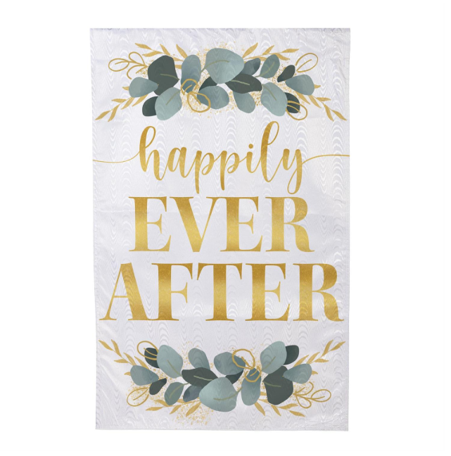 Happily Ever After Moire Garden Flag Features Gold Words That Say Happily Ever After and Eucalyptus on Top and Bottom 