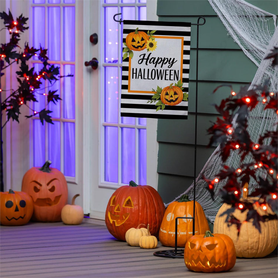 Happy Halloween Striped Jack O' Lanterns Garden Flag