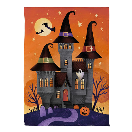 Haunted House Nighttime Garden Flag Features a spooky house with ghosts, bats and pumpkins