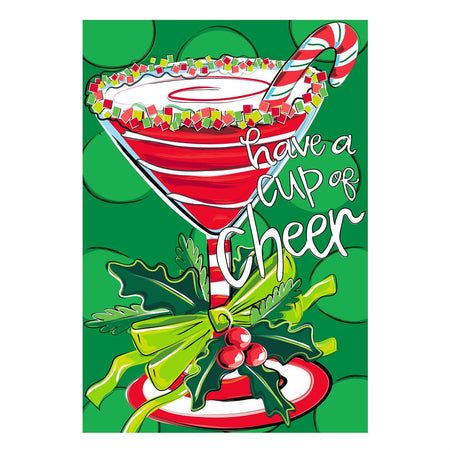 Have A Cup of Cheer Garden Flag Features an applique martini glass with a Christmas theme and the words "have a cup of cheer"