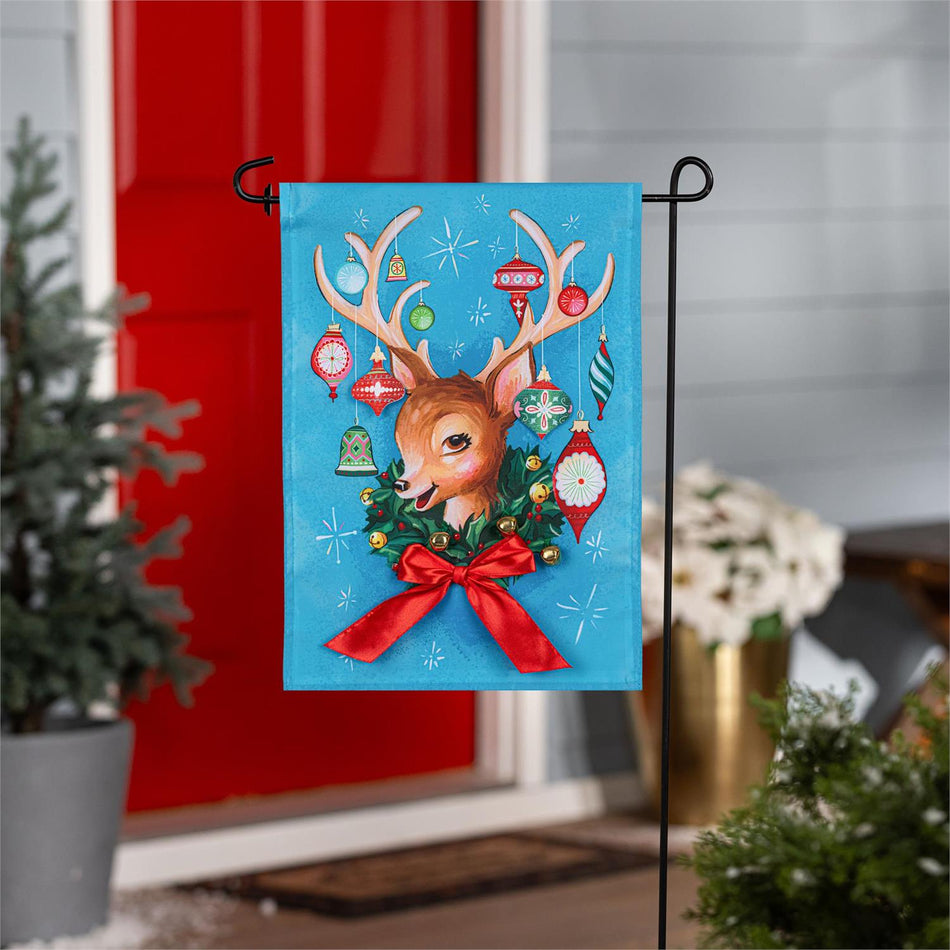 Heartfelt Cheer Wonderful Reindeer Garden Flag on a Garden Flag Stand Outside
