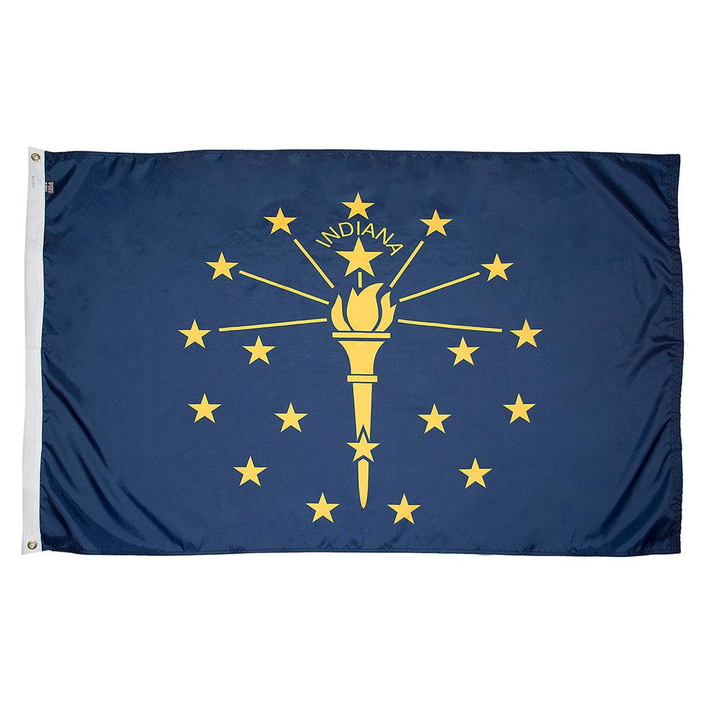 Long-lasting outdoor State of Indiana Flags available in 1x1.5, 2x3, 3x5, 4x6, 5x8, 6x10, 8x12, 10x15 and 12x18 sizes