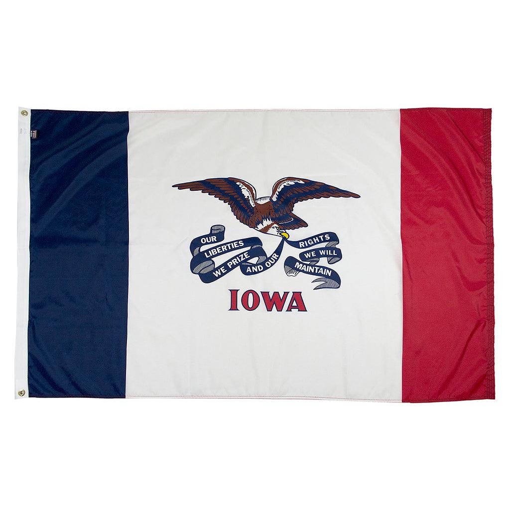 Long-lasting outdoor State of Iowa Flags available in 1x1.5, 2x3, 3x5, 4x6, 5x8, 6x10, 8x12, 10x15 and 12x18 sizes