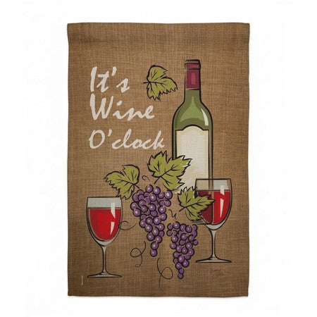 This garden flag features a wine bottle with 2 wine glasses and the words it's wine 'clock