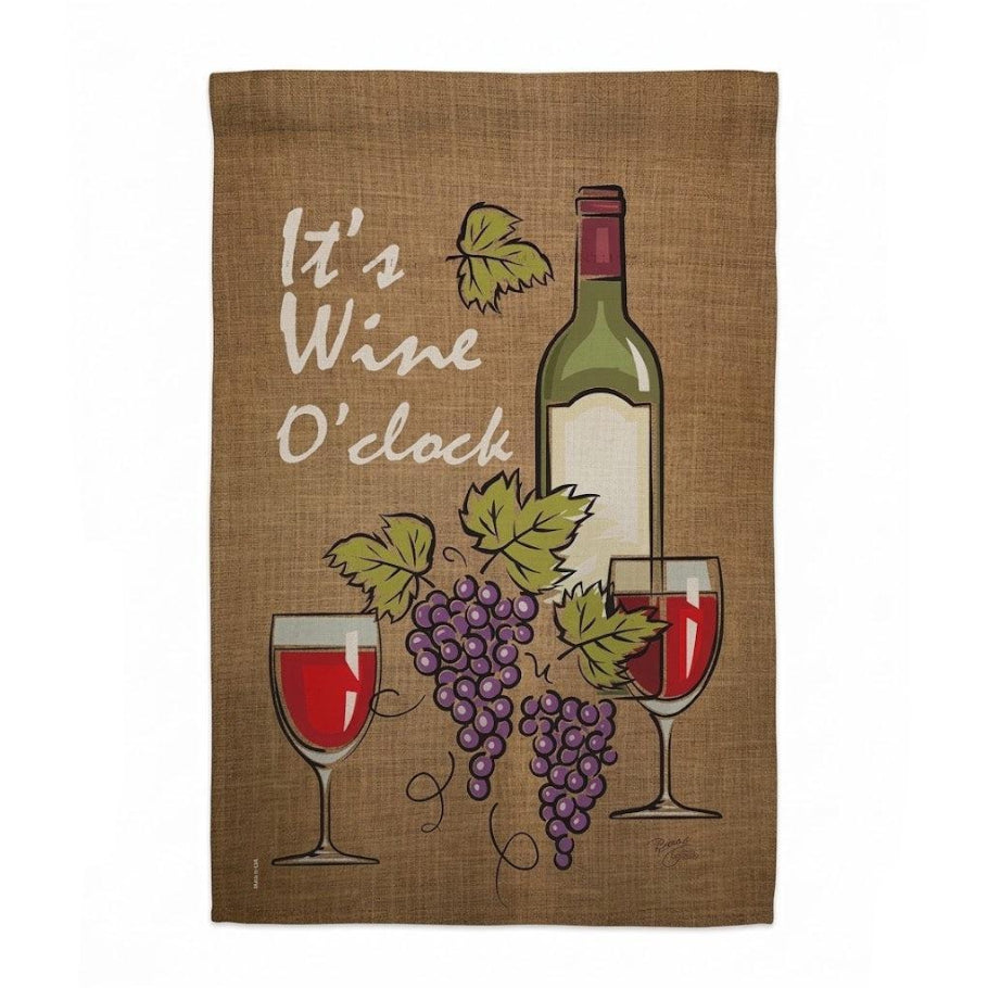 This garden flag features a wine bottle with 2 wine glasses and the words it's wine 'clock