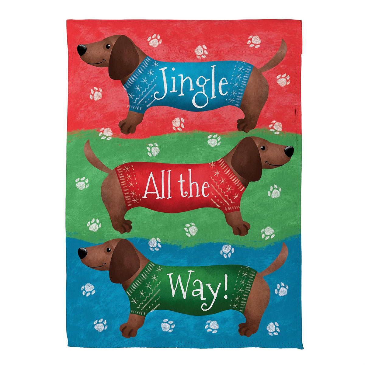 Jingle All The Way Dachshund Garden Flag Features 3 Festive Dachshund with Christmas Sweaters and the Words "Jingle All The Way"