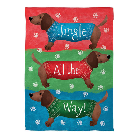 Jingle All The Way Dachshund Garden Flag Features 3 Festive Dachshund with Christmas Sweaters and the Words "Jingle All The Way"