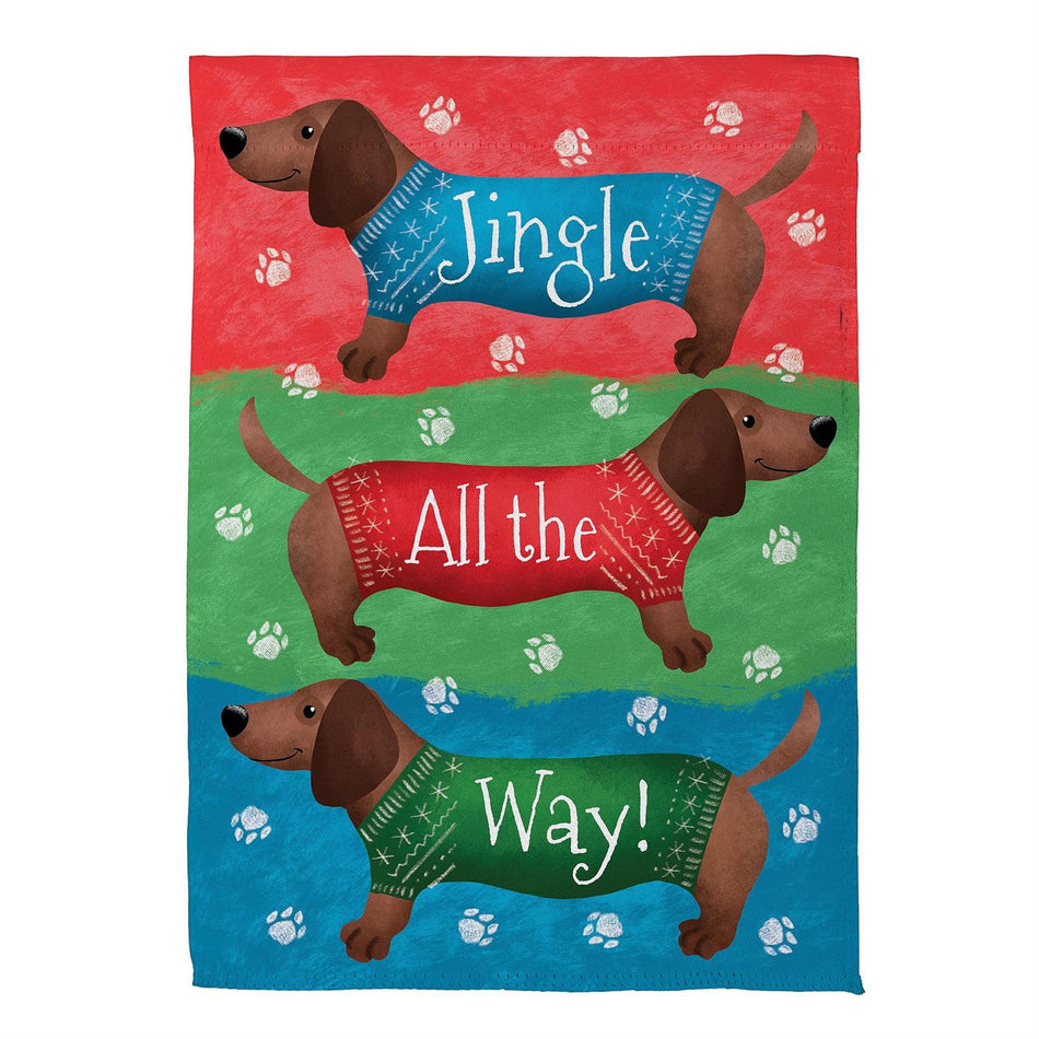 Jingle All The Way Dachshund Garden Flag Features 3 Festive Dachshund with Christmas Sweaters and the Words "Jingle All The Way"
