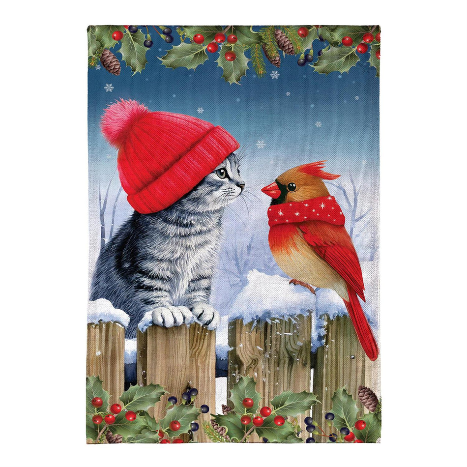Kitten & Cardinal Winter Friends Burlap Garden Flag-Garden Flag-Fly Me Flag