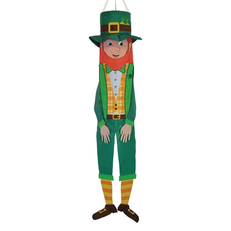 Leprechaun Windsock is 40" long and features a happy leprechaun with green and gold accents and legs that blow in the breeze 