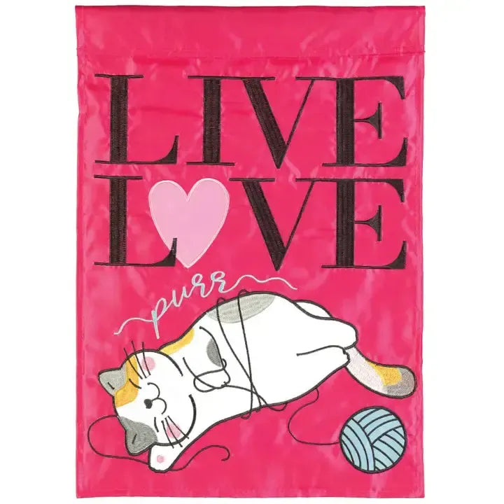Live, Love, Purr Applique Garden Flag Features a Cat with a Ball of Yarn with the Words Live, Love, Purr
