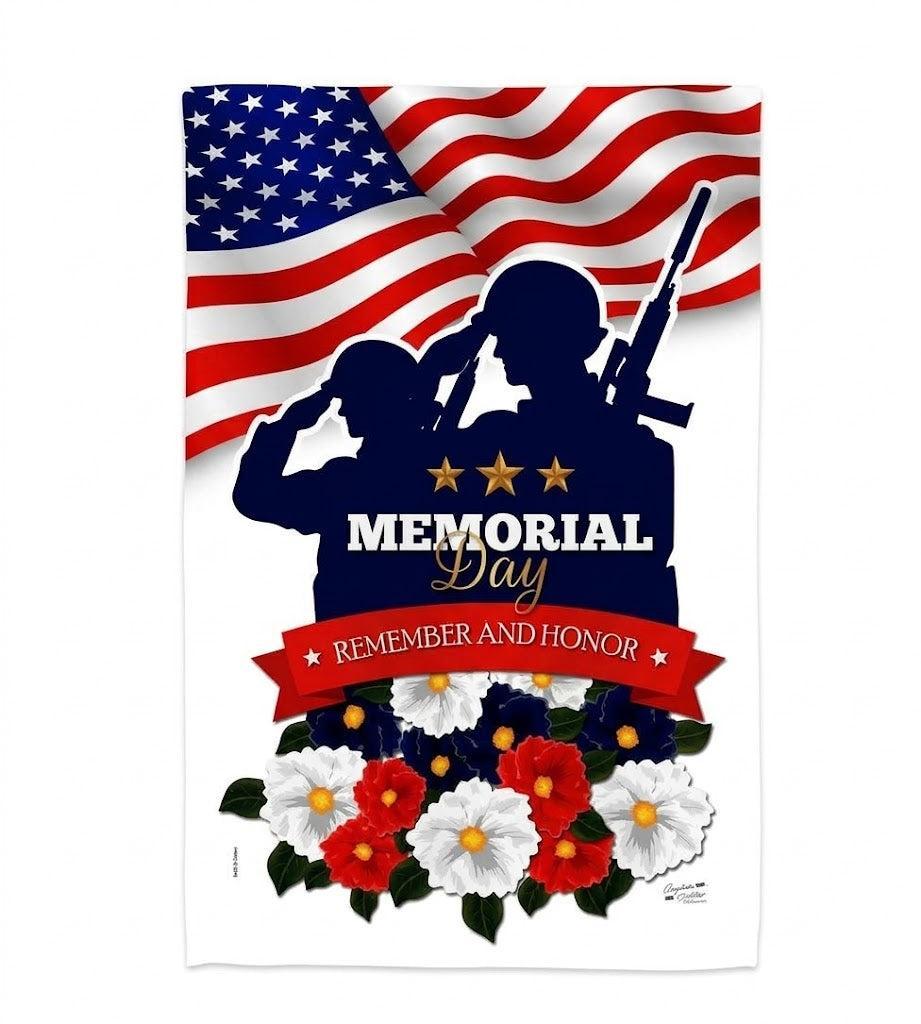 Memorial Day Garden Flag Features 2 Soldiers Saluting with an American Flag waving in the back and the words "memorial day, remember & honor" 