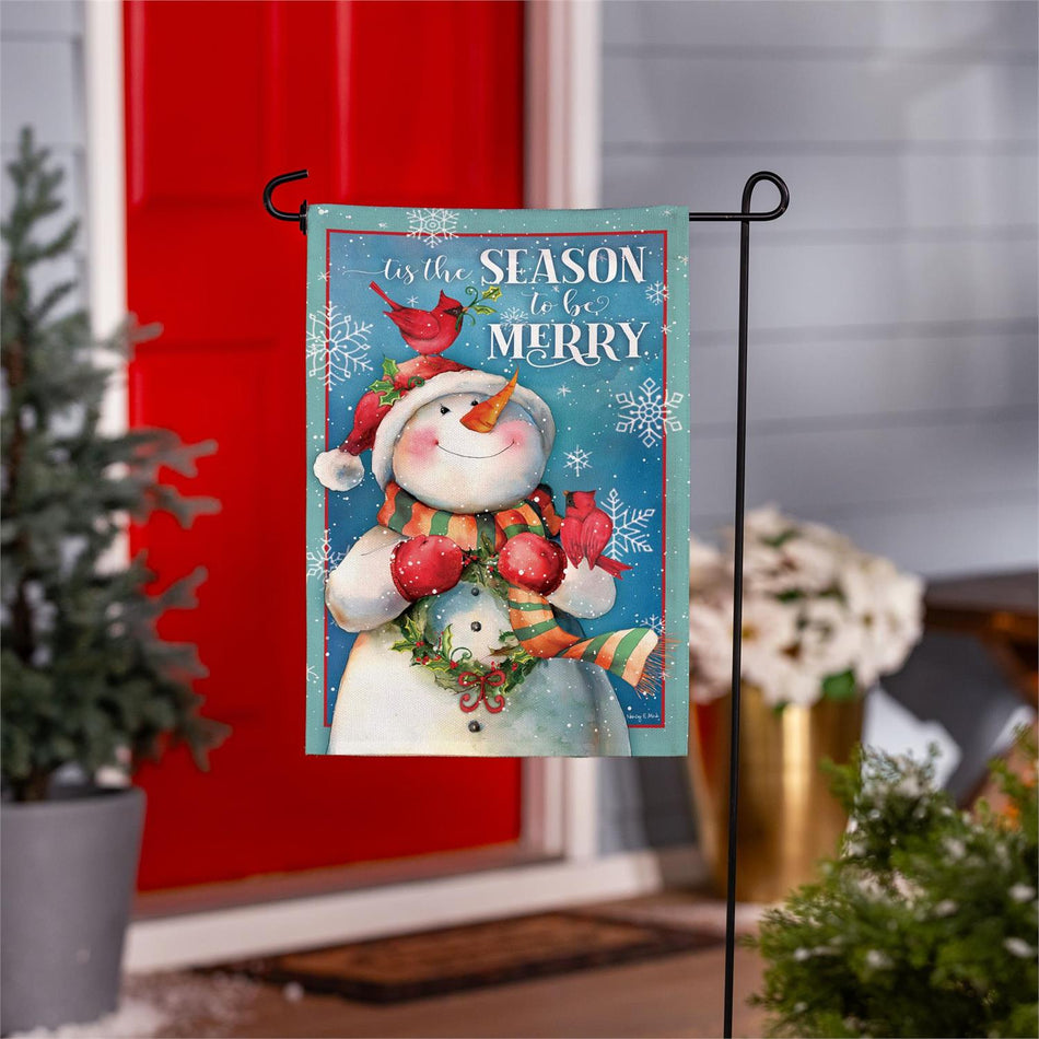 Merry Snowman With Cardinal Garden Flag