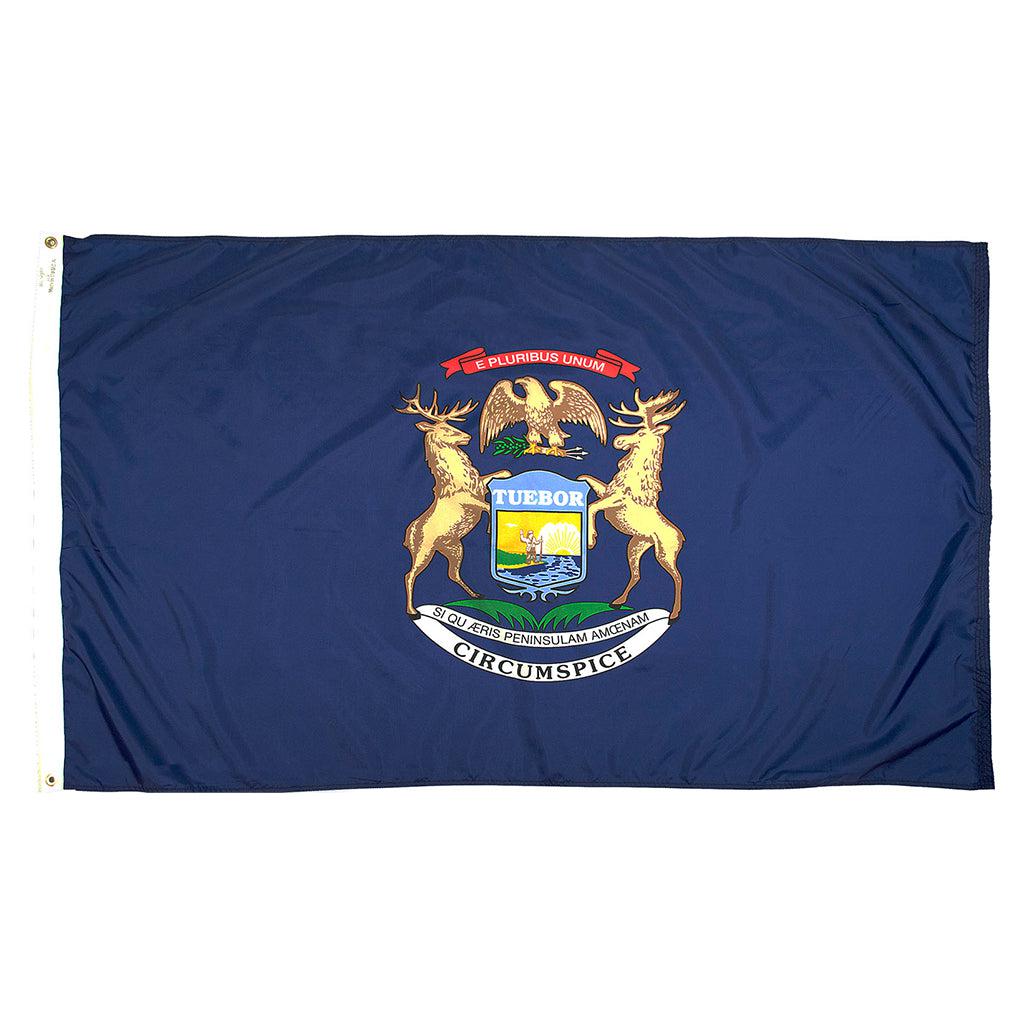 Long-lasting outdoor State of Michigan Flags available in 1x1.5, 2x3, 3x5, 4x6, 5x8, 6x10, 8x12, 10x15 and 12x18 sizes